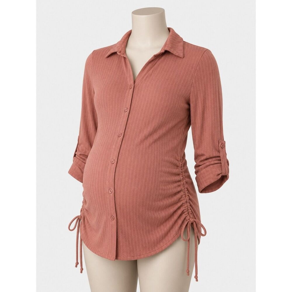 Eden & Olivia Maternity Ruched Button Down Top Medium Clay Pink